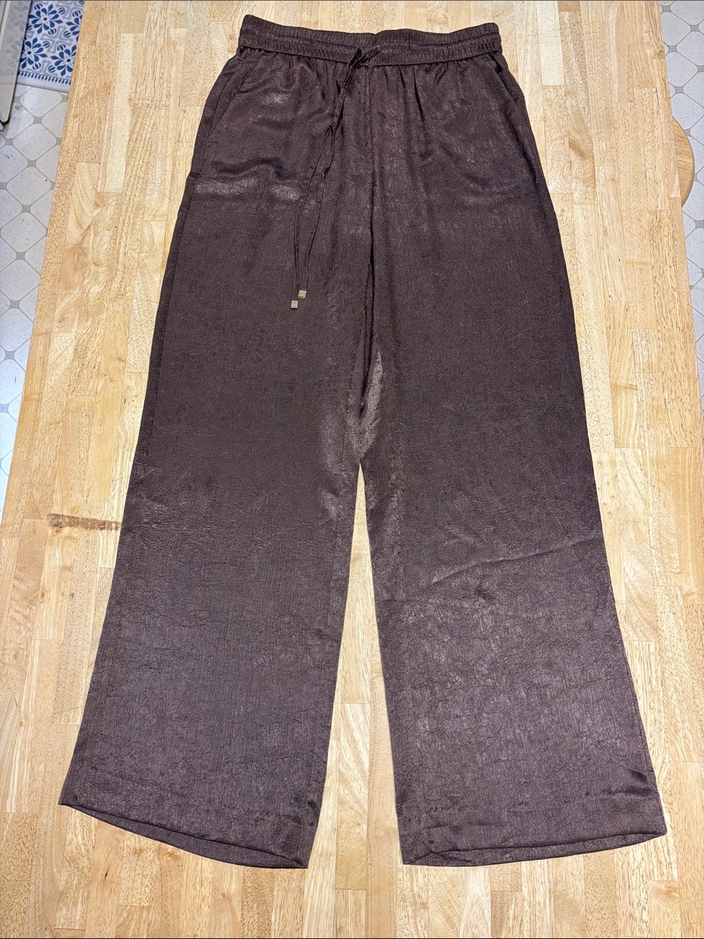 Zara Shimmer Satin Textured Wide Leg Pants Chocolate Brown Drawstring Medium M